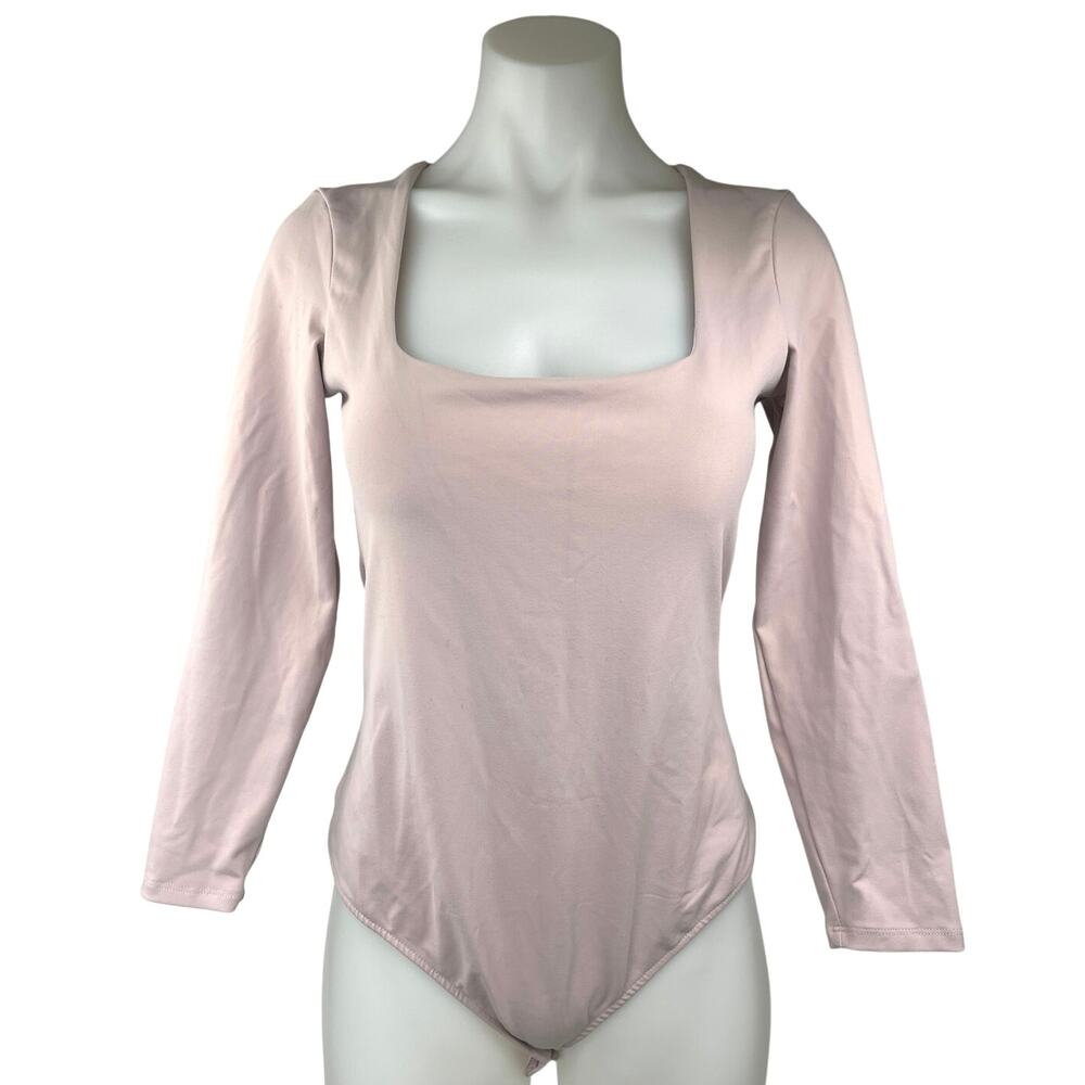 Free People Women's Pink Long Sleeve Square Neck One Piece Thong Bodysuit Top M
